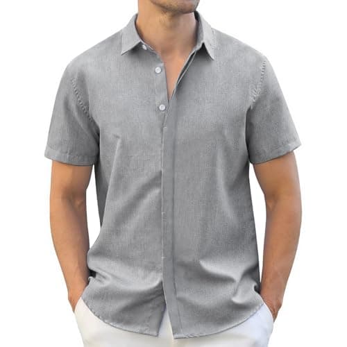Rioofinx Men's Button-Down Shirts Wrinkle Free Short Sleeve Shirt Textured Linen-Look Casual Top for Summer, Beach Vacation Linen-Grey M - Image 1