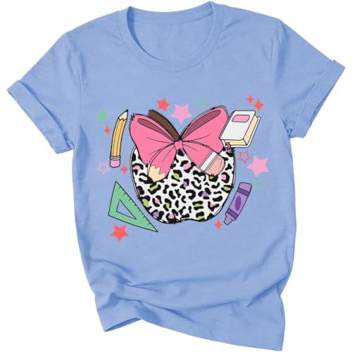 Cute Bow Apple Teacher T-Shirt for Women Back to School Tee A-Blue - Image 1