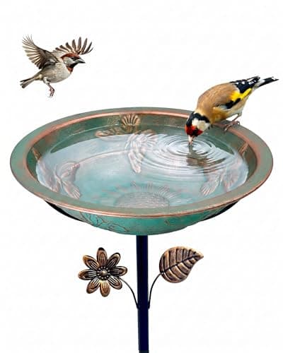Paxverra Metal Bird Bath for Outside, 13" Diameter Bird Bath with Removable Bowl, Heavy Duty 5-Prong Stake Base, Freestanding Outdoor Birdbath for Garden Patio Yard (Verdigris Butterfly & Sunflower) - Image 1