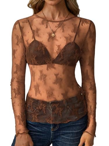GKBK Womens Mesh Long Sleeve Tops Crew Neck Sexy See Through Tee Dressy Casual Shirts Party Club Night Lace Blouse Western Wear Outfit Clothes Going Out Clothing Brown M - Image 1