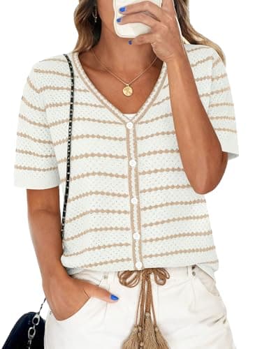 COCCKO Cardigan Sweaters for Women Ruffle Sleeve Crochet Shrug V Neck Button Down Hollowed-Out Knit Sweater White and Apricot L - Image 1