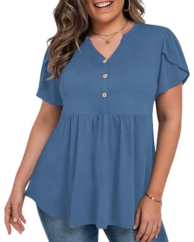 PLOKNRD Womens Summer Tops Dressy Casual Short Sleeve Tunic Tops Loose Fit Henley Shirts T-Shirt V-neck Button Up Blouse 4X - Image 1