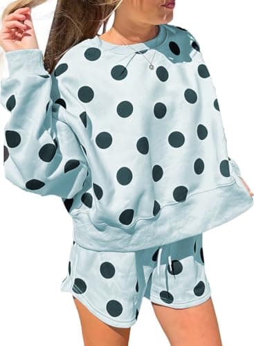 KevaMolly Women Polka Dot Drop Shoulder 2 Piece Lounge Set Sky Blue XL