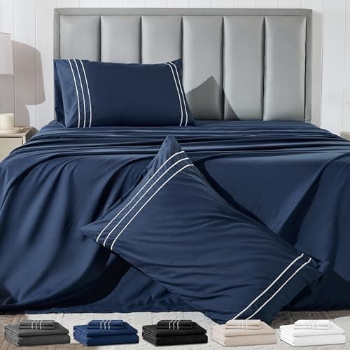 Baskbed Queen Size 4 Piece Sheet Set with Embroidered Pillowcases, Ultra-Soft Microfiber Comfy Breathable & Cooling Bed Sheets, Deep Pocket Fitted Sheets and Hotel Luxury Cozy Flat Sheets, Navy - Image 1