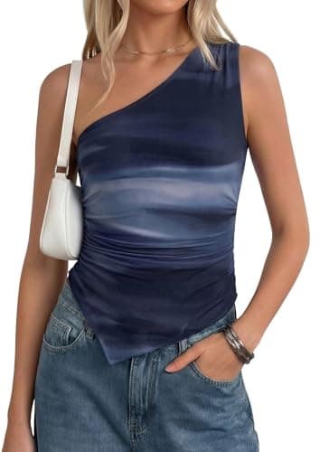PRETTYGARDEN Going Out Tops for Women Floral Mesh Y2K Shirt 2026 Summer One Shoulder Asymmetrical Spring Vacation Clothes (Gradient Blue,XX-Large) - Image 1