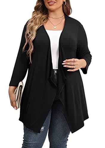 TIANZHU Plus Size Lightweight Cardigan for Women Open Front 3/4 Sleeve Drape Duster Sheer Kimono Casual Beach Cover Up Black X - Image 1