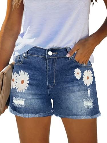 MixShe Shorts for Women Jorts Pants Womens Linen Jeans for Seniors Fall Fashion Must Haves Inspired Clothes Summer Outfits Blue Daisy Medium - Image 1