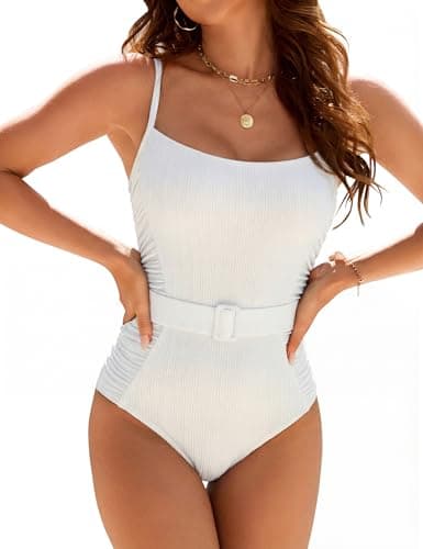 Blooming Jelly Womens One Piece Swimsuit Tummy Control Beltd Ruched Textured Bathing Suit 2026 Ladies Modest Slimming Retro Vintage Cute Swimwear (Large, White) - Image 1