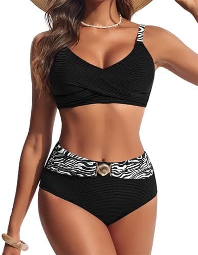 Hanna Nikole Womens Plus Size Bikini Sets 2 Piece High Waisted Bathing Suits Textured Push Up Swimsuits Zebra Stripe Swimming Suit (Black Zebra, 2XL) - Image 1