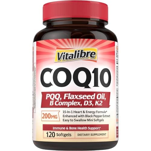 Vitalibre CoQ10 200mg, Ubiquinone with PQQ, Folate, Niacin, K2, D3, Black Pepper, High Absorption, Powerful Antioxidant, Energy Booster, Immune & Bone Support, 120 Easy to Swallow Softgels - Image 1