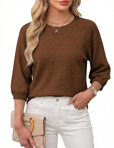 Tanming Womens Puff Short Sleeve Sweater Crew Neck Casual Outfits Work Blouses Pullover Sweaters Knit Tops(Brown-L) - Image 1