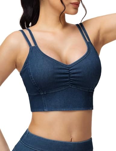 THE GYM PEOPLE Women's Denim Crop Tops V-Neck Padded Strappy Jean Camisole - Image 1