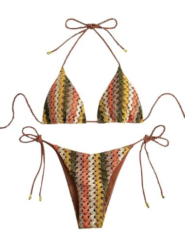 ZAFUL 2 Piece Triangle Bikini for Women Knitted Rope Halter Bikini Sets Sexy Bathing Suit Side Tie Swimsuits Beachwear Brown M - Image 1