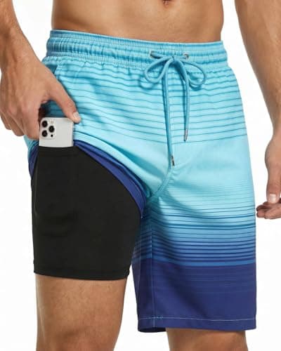 Justay 7 Inch Mens Swim Trunks 2 in 1 with Compression Liner Quick Dry Board Shorts with Pockets Beach Shorts for Men Cyan - Image 1