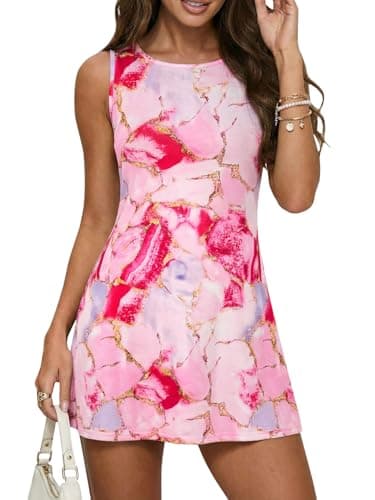 Wenrine Womens Summer Floral Mini Dress Sleeveless Crewneck Casual Slim Fit Going Out Club Party Tank Dresses Pink - Image 1