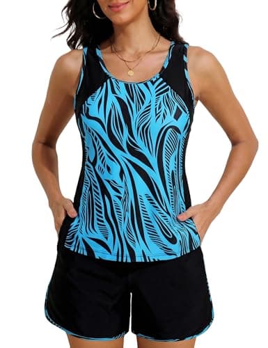 Hilor Vintage Two Piece Swimsuits Women's Sporty Racerback Tankini Swimwear Modest Bathing Suits Blue Tribal Wave XL/US12-14 - Image 1