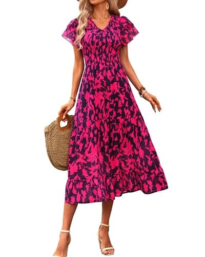 BTFBM Women Casual Summer Dresses Short Sleeve V Neck Floral Dresses Smocked Midi Dresses Boho Long Dress(Floral Navy Rose Red,XX-Large) - Image 1