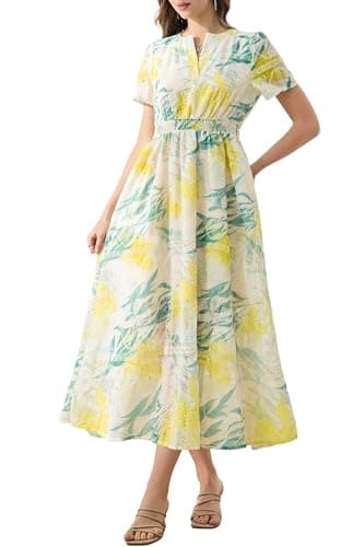 Women's Summer Casual 2026 V Neck Short Puff Sleeve High Empire Elastic Waist Cotton Aline Beige Cream and Yellow Green Floral Textured Eyelet Embroidery Boho Vocation Cottagecore Dating Pockets Dress - Image 1