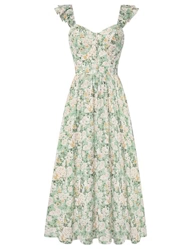 Women Maxi Floral Corset Dress,Milkmaid Sundress,Spring Dresses for Women 2026 Green with White Yellow Flowers L - Image 1