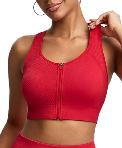 BRXL Front Zip Sports Bra Seamless Sewn in Pads Racerback Wide Straps Medium Impact for Running Yoga Gym Spicy Red 3XL - Image 1