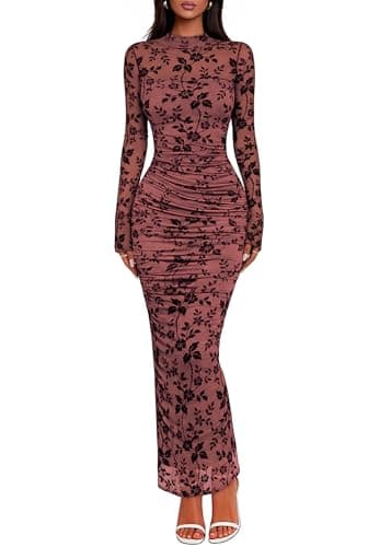 Lazysmile Women's Long Sleeve Floral Bodycon Maxi Dress 2026 Elegant Ruched Mesh Formal Cocktail Party Wedding Guest Dresses Pink - Image 1