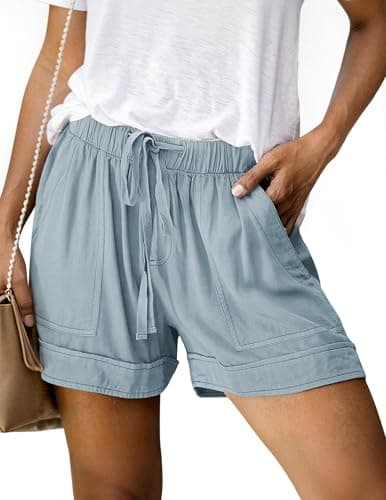 NILOINE Summer Linen Athletic Shorts for Women Drawstring Elastic Waist Shorts Pure Color Wide Leg Short Pants with Pockets(Light Blue,Large) - Image 1