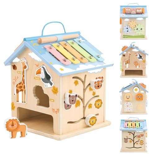 Ranqibo Wooden Activity Cube 6-Sided Baby Activity Center with Animal Friends, Montessori Toys for 1 Year Old & Up Educational Learning Toys for Toddlers Age 1-2