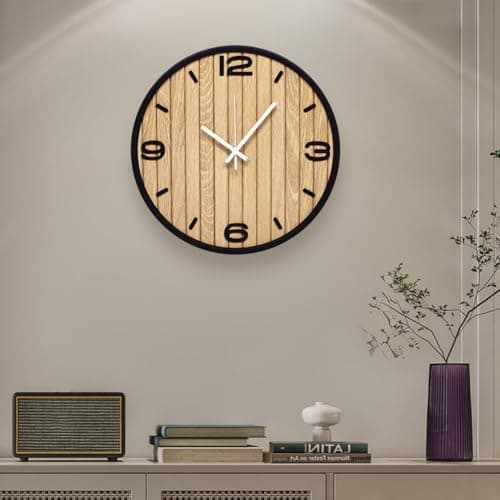 AXAORIRA 12 Inch Round Wall Clock Battery Operated, Wooden Decorative Analog Clocks Non-Ticking Quartz for Apartment, Living Room, Bedroom, Hallway, Classroom - Easy to Install & Read - Image 1