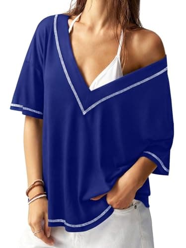 REORIA Women's Trendy Oversized V-Neck T Shirt Short Sleeve Off The Shoulder Contrast Stitching Loose Fit Tops for 2026 Spring Summer Dark Blue2 XX-Large - Image 1