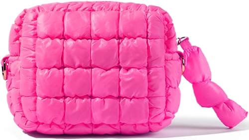 Yarnic Quilted Makeup Bag Cosmetic Bag, Travel Toiletry Bag for Women, Cute Makeup Bag Organizer Puffer Makeup Pouch (Neon Pink, S) - Image 1