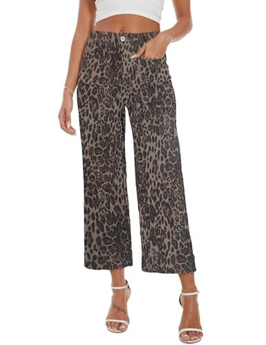 DAOAO Leopard Pants Women Cropped Jeans for Womens High Waisted Stretchy Wide Leg Jeans Woman Denim Pants Trendy L