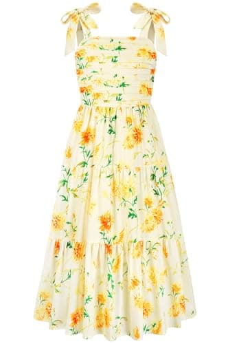 Dolxico Girls Floral Dress Summer Smocked Chiffon Tiered Cami Dresses with Pockets Kids Hawaiian Beach Vacation Party Wedding Birthday A-Line Midi Sundress for 7-8 Years(Yellow Floral) - Image 1