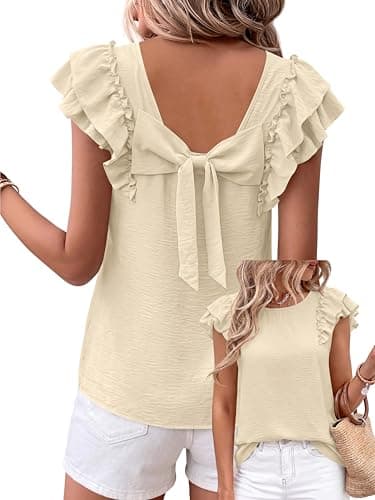 Okiwam Womens Ruffle Short Sleeve Summer Tops Bow Tie Back Blouse Round Neck Cute Babydoll Shirts Spring Summer 2026 Fashion Clothes-XXL Beige - Image 1