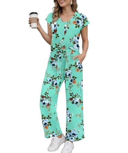 KUOTAI Two Piece Sets for Women V Neck Tie Front Cap Sleeve Tops Wide Leg Pants Elastic Waist with Pockets Casual Matching Outfit, Mint Green, Medium - Image 1