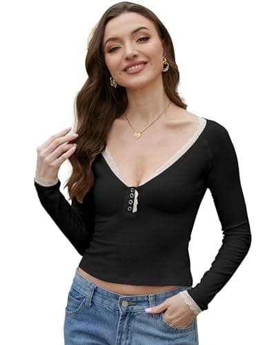 Homepeaz Long Sleeve Shirts for Women Going Out Tops Micro Ribbed Henley Neck Cropped Tops Lace Trimmed Fitted Casual Cute Y2K Basic Tee Base Layer Black - Image 1