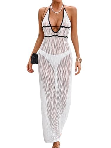 BreathSunny Womens Crochet Maxi Swimsuit Cover Up Dress for Woman Halter Neck Tie Back Contrast Trim Bathing Suit Coverup Summer 2026 Sexy Vacation Outfits Beach Bikini Dresses White S - Image 1