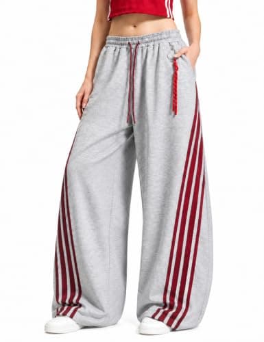 PPONE Women’s Y2K Barrel Sweatpants, 4-Stripe Baggy Wide Leg Pants, Mid Rise Streetwear Track Pants with Adjustable Cuffs and Drawstring Waist Dark Gray
