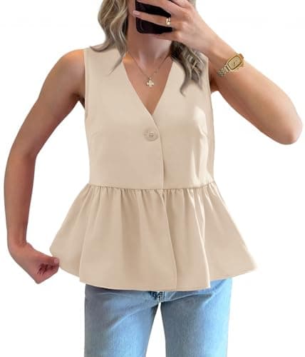 Tankaneo Womens V Neck Babydoll Tank Tops Peplum Ruffle Hem Sleeveless Shirts Summer Casual Button Down Flowy Tops Apricot - Image 1