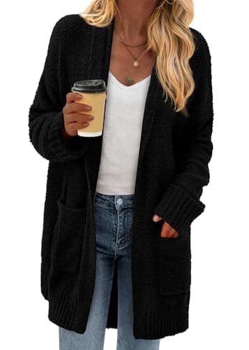 KIRUNDO Cardigan Sweaters for Women 2026 Fall Chunky Fuzzy Knit Open Front Loose Long Sleeve Sweater Coats Winter Clothing(Black, XX-Large) - Image 1