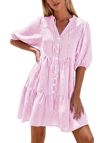 BTFBM Womens Summer Dresses 2026 Striped Mini Dress Half Sleeve Button Down Casual Flowy Beach Vacation Outfits Pockets(Pink, XX-Large) - Image 1