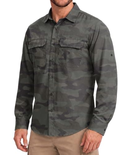 Men's Sun Protection Fishing Shirt UPF 50+ Long Sleeve Safari Hiking Travel Shirts with Pockets Quick Dry(Green Camo Medium) - Image 1