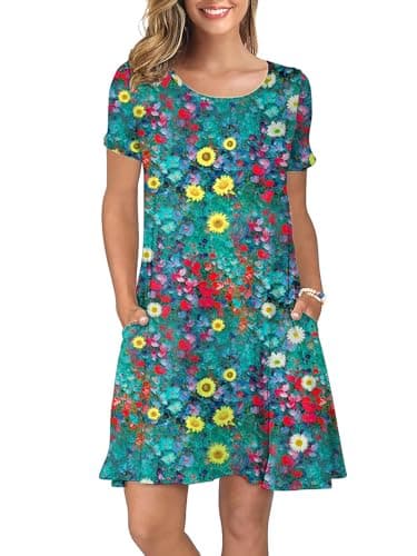 KORSIS T-Shirt Dress for Women Casual Summer Short Sleeve Floral S Dresses Swing Flowy Beach Vacation Sundress with Pockets - Image 1