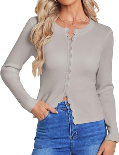GRACE KARIN Womens 2026 Summer Cardigan Sweaters Lightweight Long Sleeve Button up Ribbed Knit Fashion Clothes Light Grey XL - Image 1