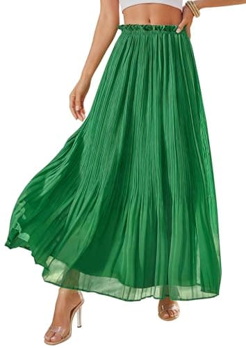 PRETTYGARDEN Long Skirts for Women Summer Vacation Outfits 2026 Spring Chiffon Elastic Waist Flowy A-Line Pleated Midi Skirt(Green,Small) - Image 1