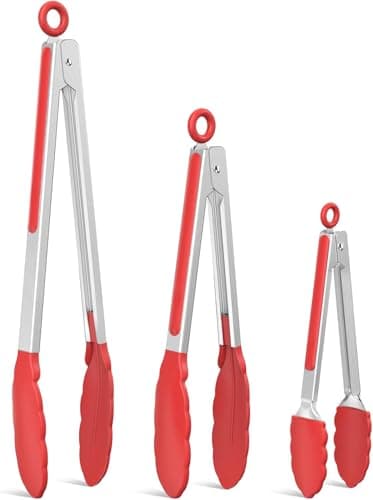Tongs For Cooking - Heat Resistant 600 Degrees Stainless Steel Kitchen Tong,Heavy Duty Metal Locking Tongs - Perfect for Food,Salad and BBQ set of 3 (7",9" and 12") Dishwasher (Red) - Image 1