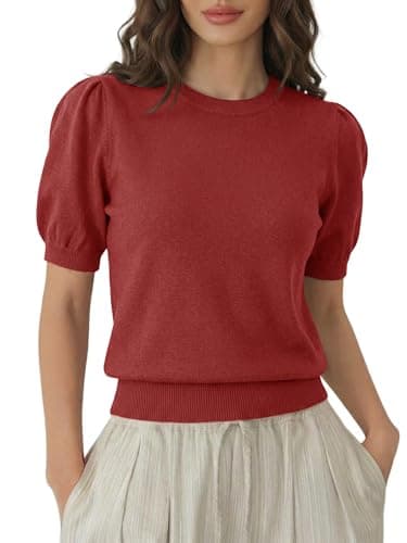 LaGracia Womens Cropped Sweater Puff Short Sleeve Spring Summer Work Tops Crew Neck Sweaters Red XL - Image 1