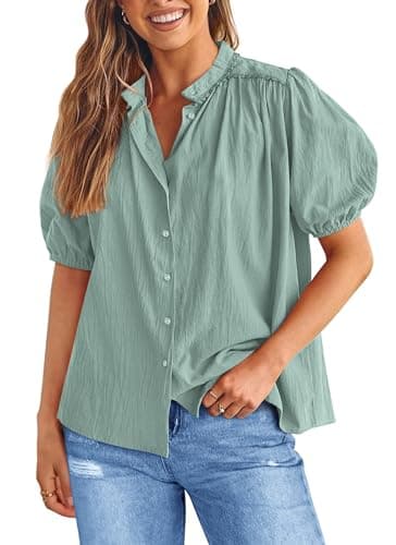PRETTYGARDEN Women's 2026 Summer Button Down Shirts Short Lantern Sleeve V Neck Cotton Cute Tops Dressy Casual Blouses (Aqua Blue,Medium) - Image 1