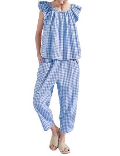 Seetaa 2 Piece Sets for Women Gingham Ruffle Sleeve Tops Plaid High Waisted Barrel Pants Lounge Sets(Blue-L) - Image 1