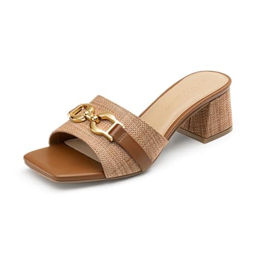 Athlefit Mules Chunky Heels for Women Brown Raffia Slip On Heeled Sandals Square Open Toe 2 Inch Low Block Heels for Summer Dressy - Image 1