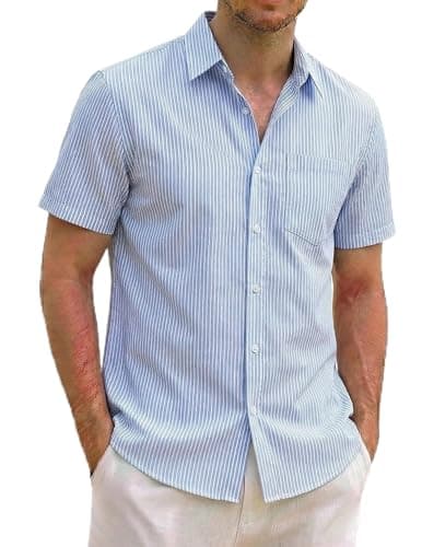 ZAFUL Mens Short Sleeve Shirts Vacation Mens Work Shirts Dry Fit Vacation Outfits White Blue XXL - Image 1